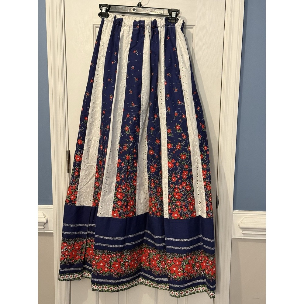 Vintage Mr. Hank Floral Blue Red  maxi Skirt size S boho prairie patchwork 70s